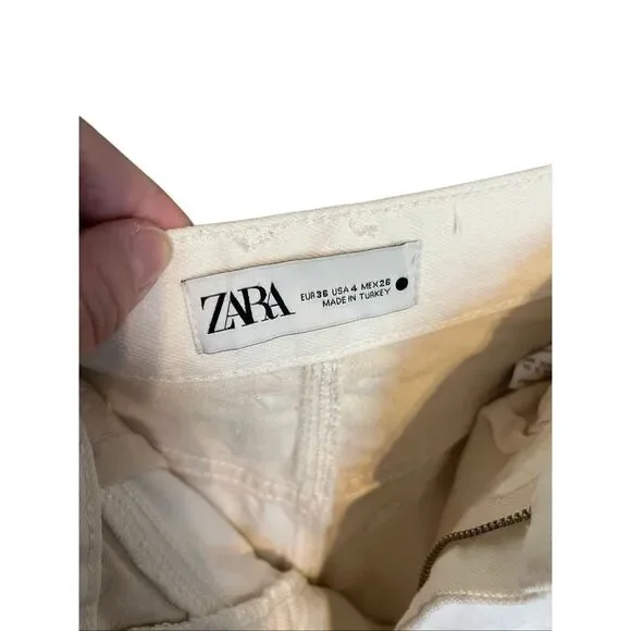 Zara Women's Size 4 Mid Rise Patchwork Off White Cream Baggy Ankle Length Pants - Picture 6 of 7